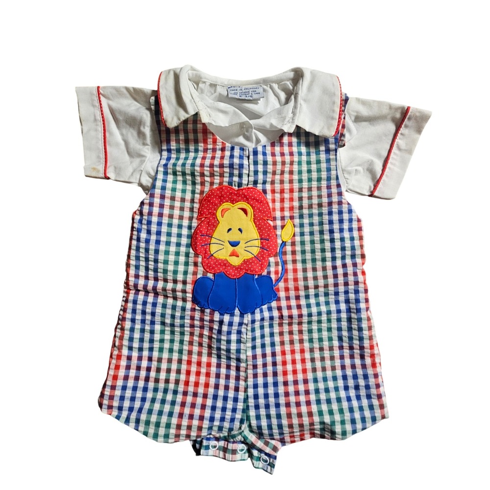 Vintage Samara Lion Gingham Seersucker Romper Set Size Baby 3/6 Mos Kidcore‎